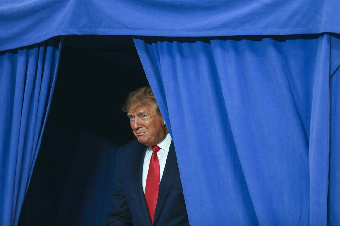 President Donald Trump prepares to take the stage during a rally at Rupp Arena in Lexington, Ky., Monday, Nov. 4, 2019.