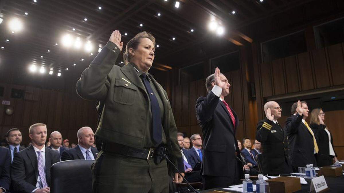 From left, Carla Provost, U.S. Border Patrol acting chief; Matthew Albence, Immigration and Customs Enforcement; Jonathan White, coordinator of family reunification for Health and Human Services; James McHenry III of the Department of Justice, Jennifer Higgins, associate director of Refugee, Asylum And International Operations of the U.S. Citizenship and Immigration Services, before testifying Tuesday to the Senate Judiciary Committee.