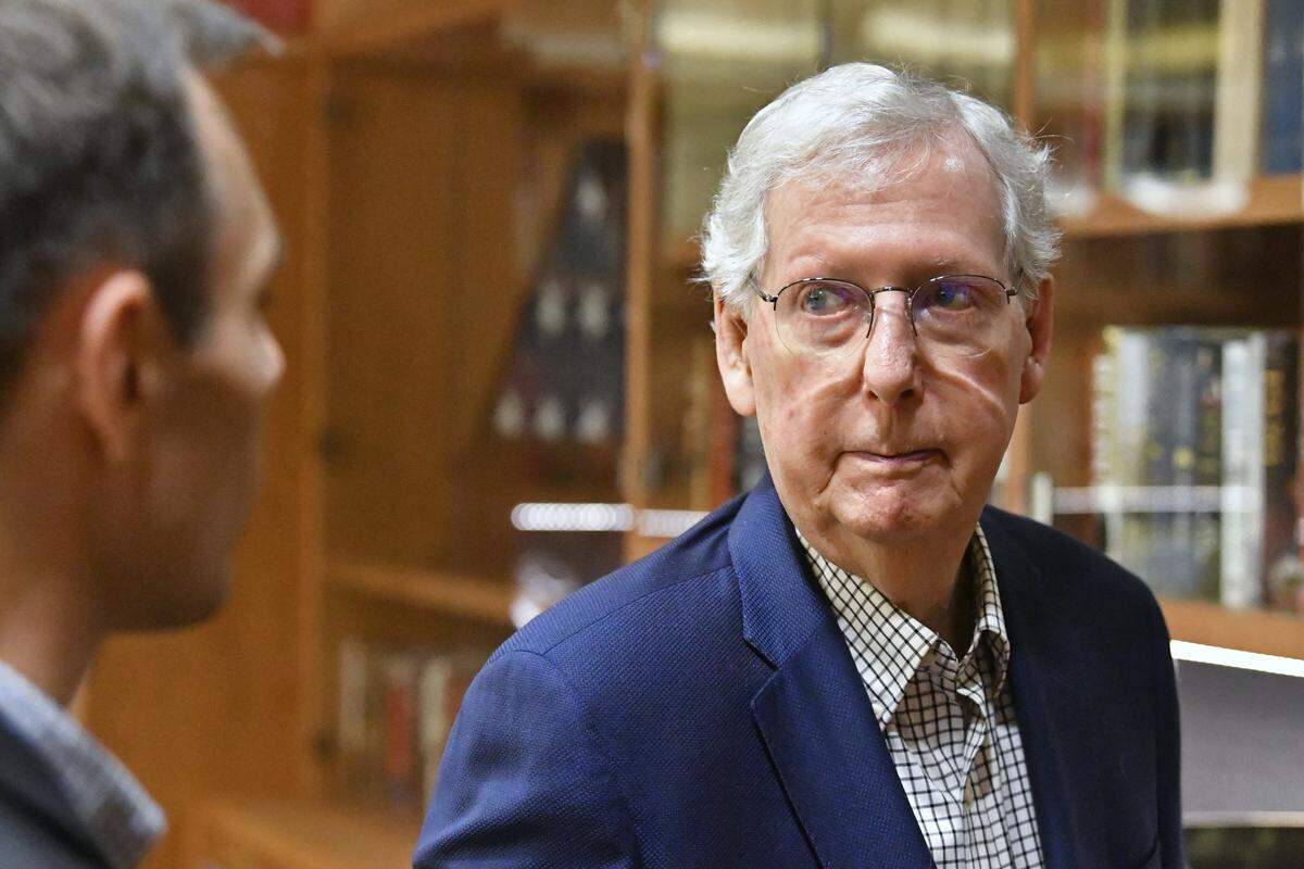 Sen. Mitch McConnell speaks with a Herald-Leader reporter during an interview at the McConnell Center located at the University of Louisville Ekstrom Library in Louisville, Ky., Friday, Aug. 29, 2025.