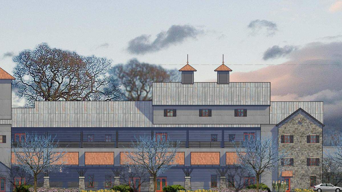 An architectural rendering shows what Diageo's planned distillery in Shelby County would look like. The site would have a 100-acre buffer to maintain the surrounding landscape.   