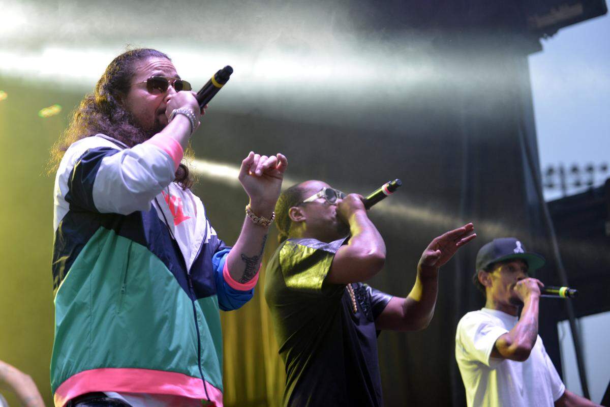 Bizzy Bone, Flesh 'N' Bone, and Layzie Bone, of the hip hop group Bone Thugs-N-Harmony perform May 19, 2018 at Whitaker Bank Ballpark in Lexington, Kentucky.