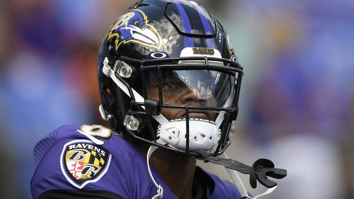 Baltimore Ravens quarterback Lamar Jackson (8) warms up prior to an NFL football game against the Cleveland Browns, Sunday, Sept. 29, 2019, in Baltimore.