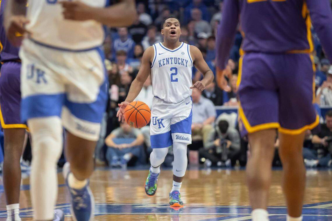 Kentucky guard Sahvir Wheeler (2) brings the ball up the court against LSU on Tuesday night. The Wildcats’ more-deliberate approach to offense is starting to pay dividends.