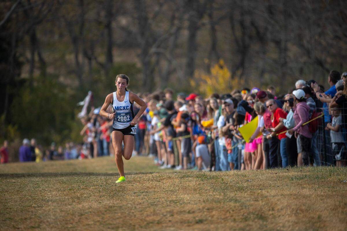 Madison Central’s Ciara O’Shea nears the finish line during the girls’ Class 3A state cross country championships in Paris on Saturday. O’Shea won the race for the fifth time.
