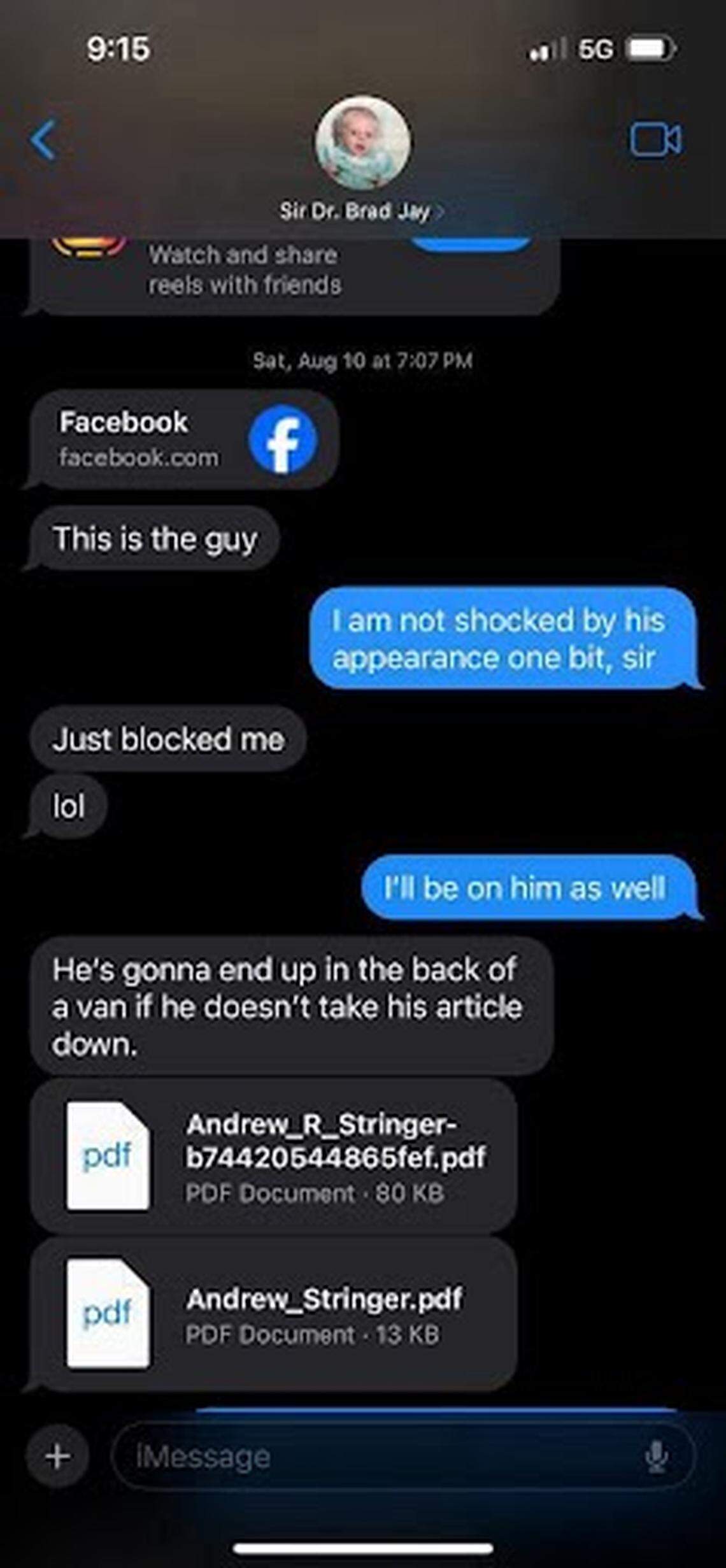 A text from Lexington Blue owner Brad Pagel to employees about Andrew Stringer said, “He’s gonna end up in the back of a van if he doesn’t take his article down.” One employee had his girlfriend share these texts with Stringer to warn him.