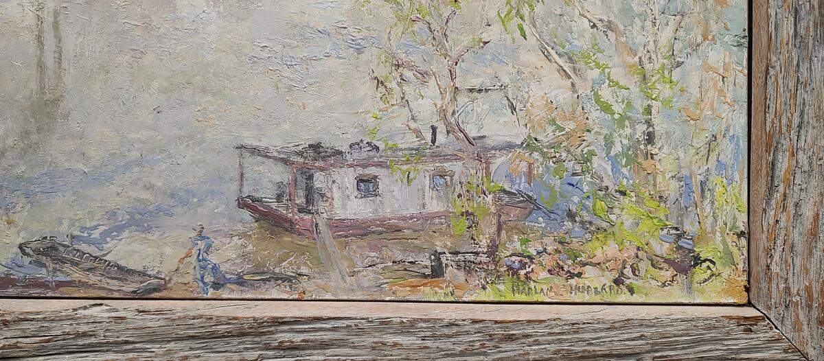 Detail of a shantyboat in a painting by Harlan Hubbard that hangs in the library at Hanover College in Madison, Ind. Hubbard sometimes made his own frames from wood he found.