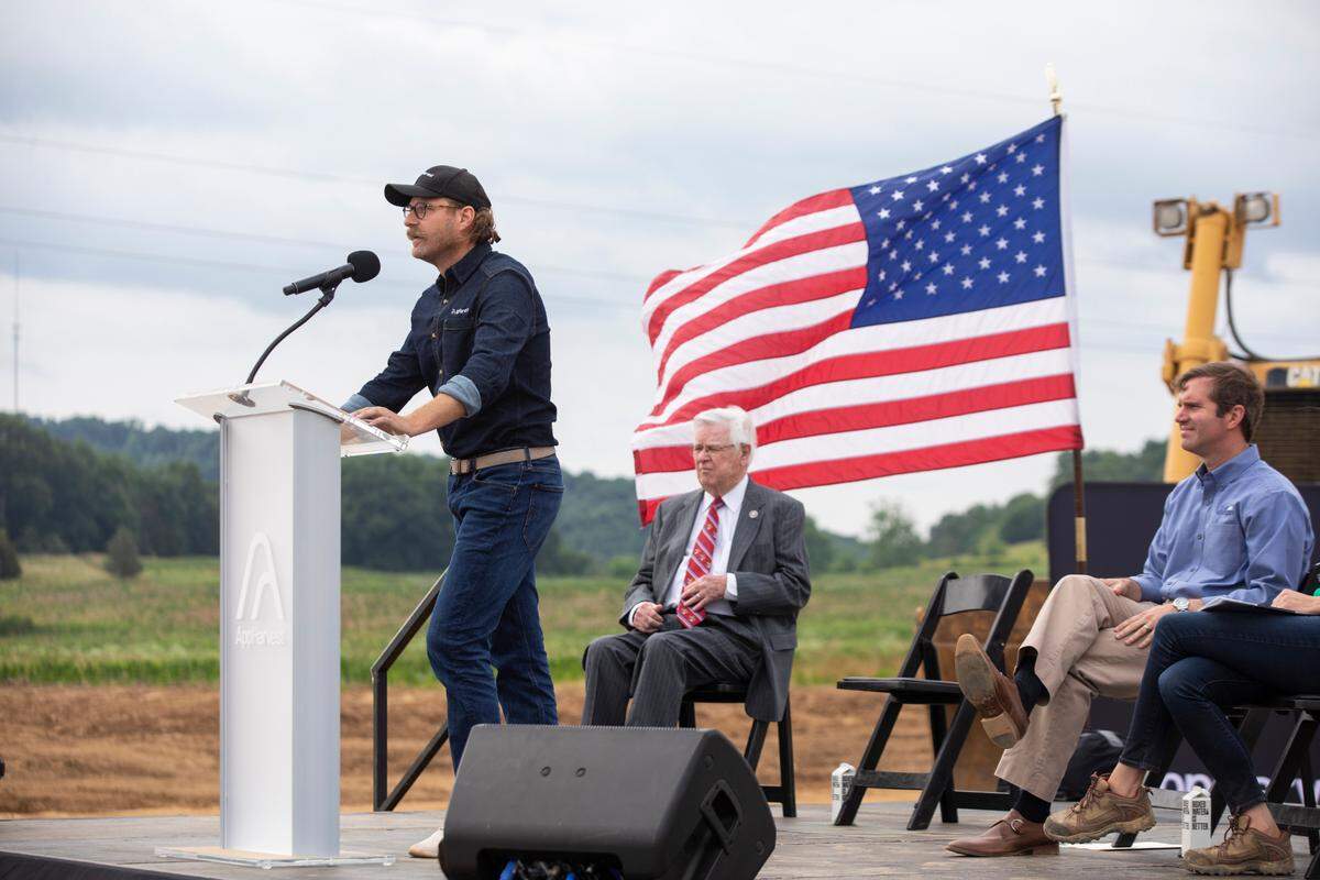 AppHarvest CEO Jonathan Webb speak during a ceremony at the site of the company’s new greenhouse facility near Somerset, Ky., Monday, June 21, 2021. The company announced that facility and another in Morehead. The two greenhouses are part of AppHarvest’s goal to have 12 indoor farms by the end of 2025.