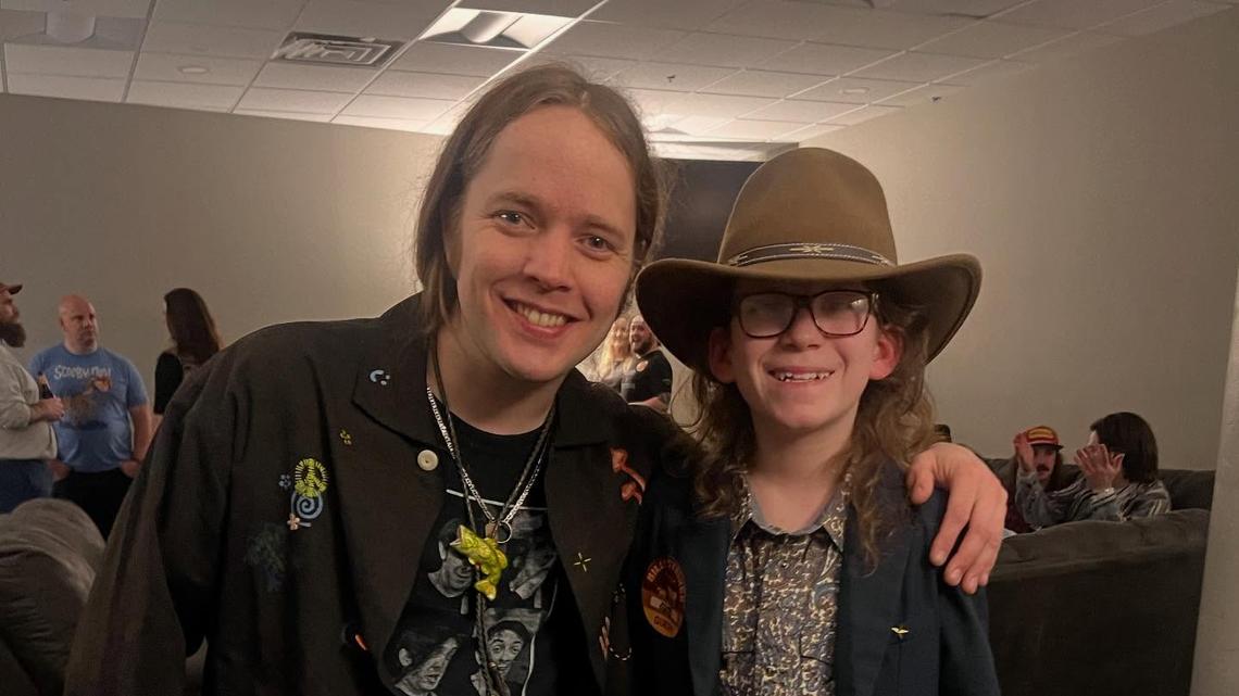 Fourteen-year-old Kentucky musician Myles Gee, right, with the bluegrass artist Billy Strings, who invited Gee on stage in Nashville.