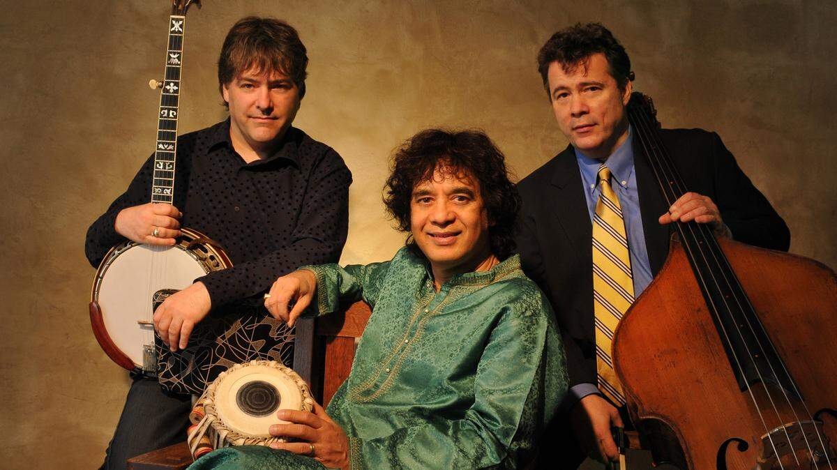 From left, Béla Fleck (banjo), Zakir Hussain (tabla) and Edgar Meyer (double bass) will bring a diverse sound to UK’s Singletary Center for the Arts Friday.
