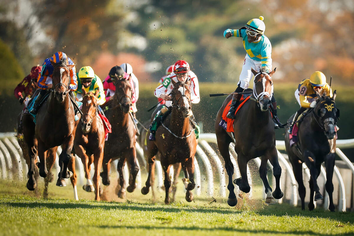 Fire at Will with Ricardo Santana Jr. up, wins the Breeders’ Cup Juvenile Turf at Keeneland in Lexington, Ky., Friday, Nov. 6, 2020.