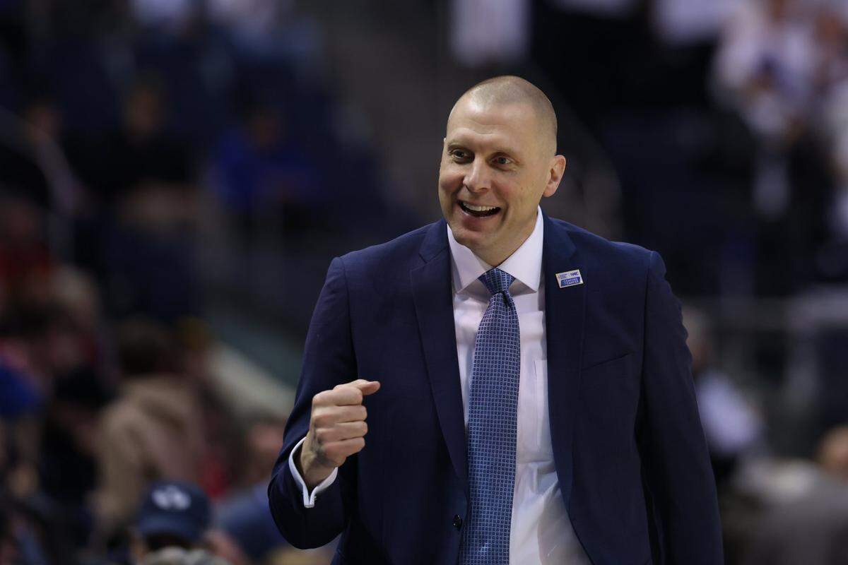 Brigham Young head coach Mark Pope reacts to a play against Houston on Jan 23 in Provo, Utah.