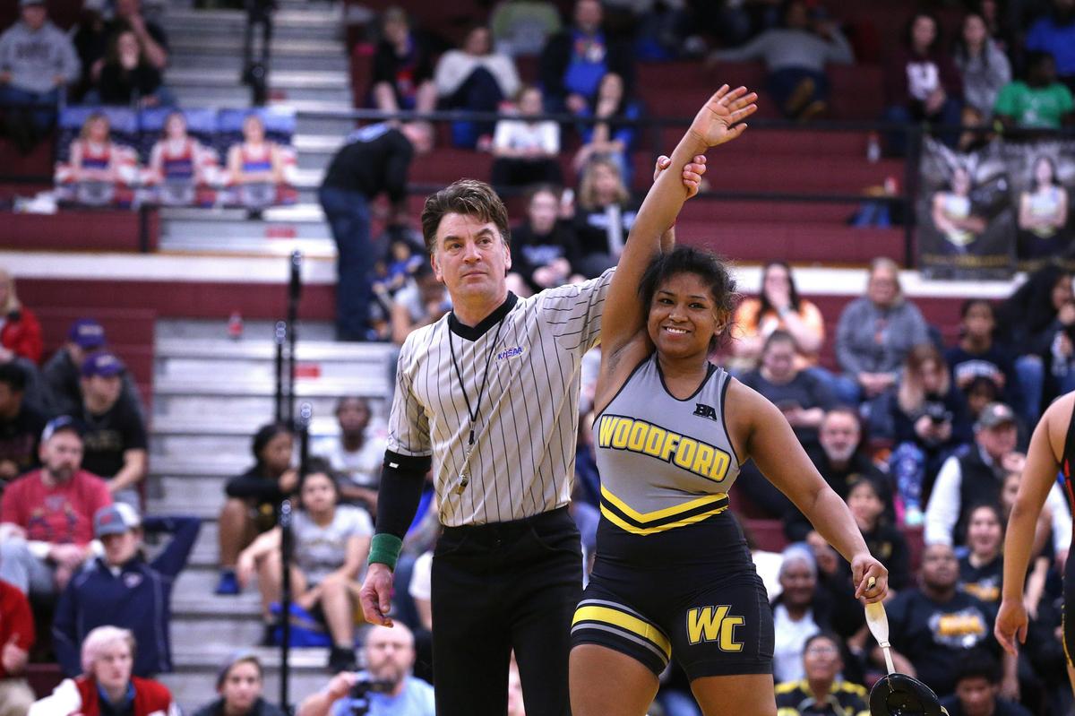 Woodford County’s Tanyea Ramirez was declared the winner after defeating Bullitt East’s Gardner Mariah in the 145-pound state finals at Tates Creek.