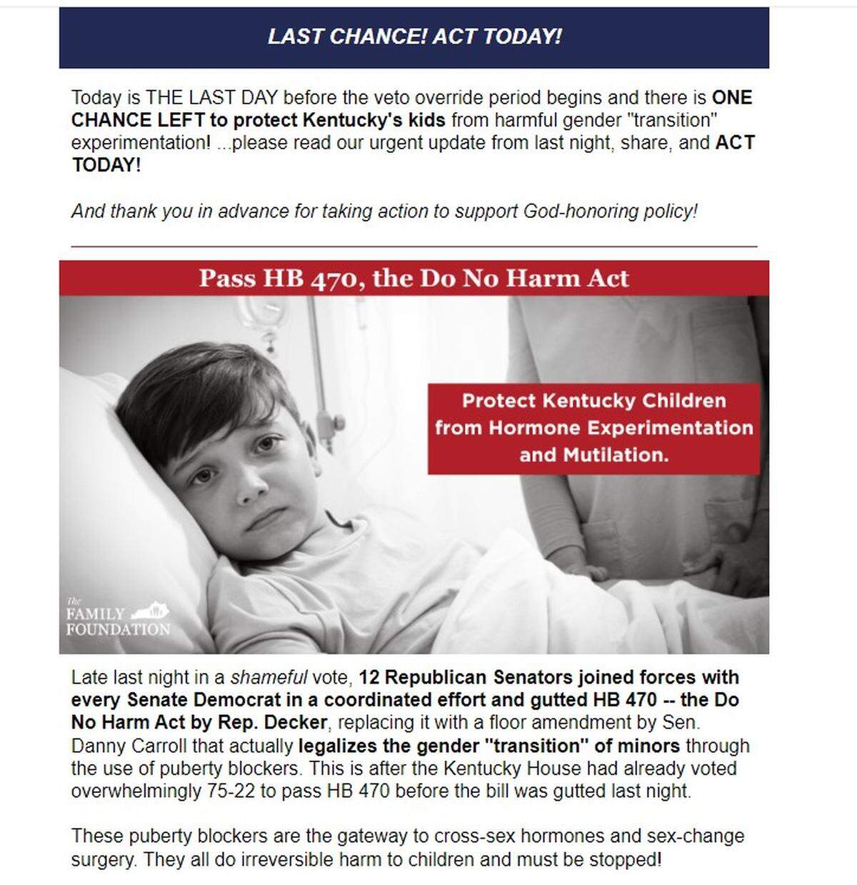 This newsletter was sent out to the Family Foundation’s mailing list. Some Senators said they got hundreds of emails in response.