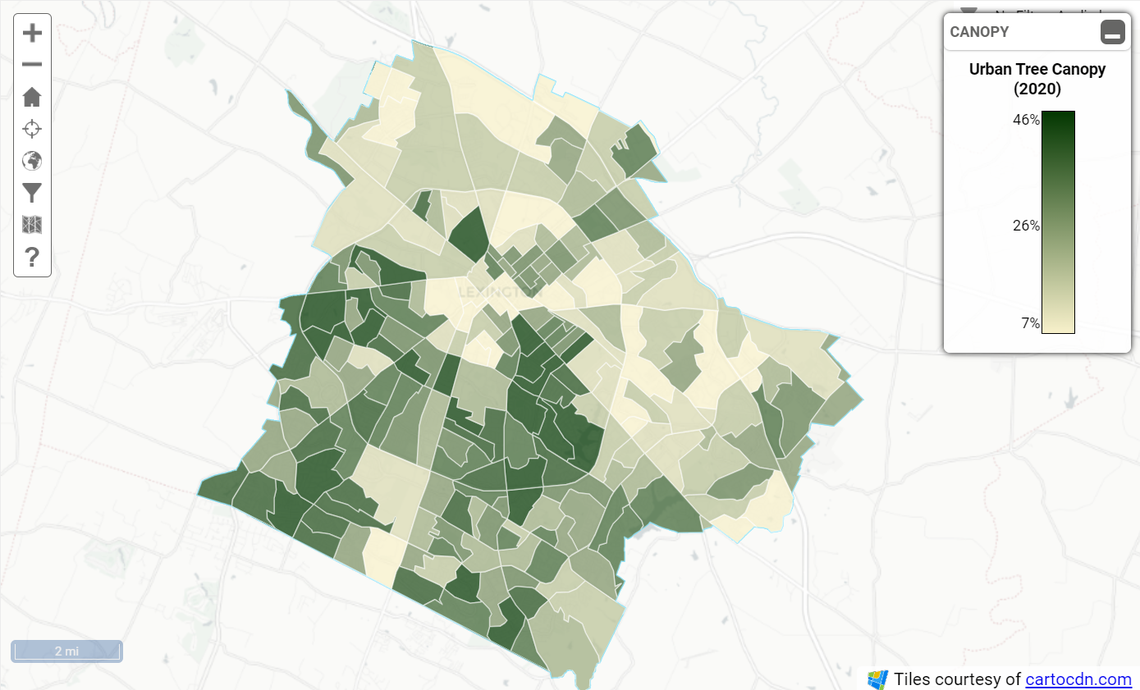 Lexington’s Tree Plotter tool from the city’s Urban Forestry division offers a look at which areas of Lexington have the most and least tree cover, according to 2022 data. Lexington’s urban tree canopy is generally the most sparse on its north and east sides. More affluent neighborhoods on the city’s south side tend to have healthier tree canopies and experience cooler temperatures as a result.
