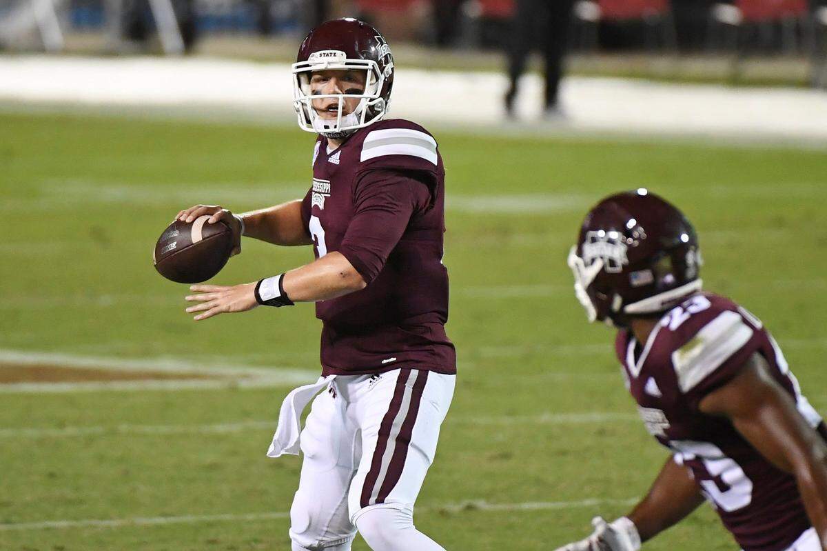 After lighting up LSU for 623 passing yards and five touchdowns in a 44-34 upset, Mississippi State quarterback K.J. Costello (3) was limited to 313 yards and one touchdown through the air by Arkansas in the Bulldogs’ 21-14 upset loss last week.