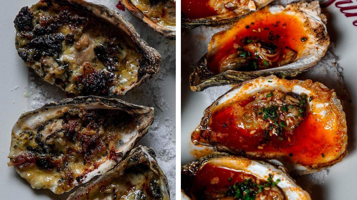 Oysters Rockefeller, left, and roasted oysters with chili butter and lime (each $19) at Silk’s Steakhouse located inside The Aldenberg Hotel in Versailles, Ky.