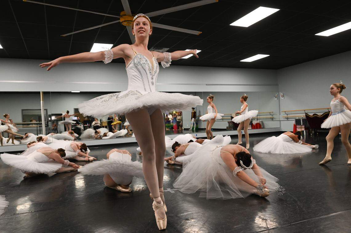 Lauren Stone is one of the dancers portraying The Snow Queen in “Nutcracker In One Act.” Bluegrass Youth Ballet rehearsed for its 2024 edition of “Nutcracker In One Act” at its studios on Southland Drive in Lexington, Kentucky on Dec. 14, 2024.