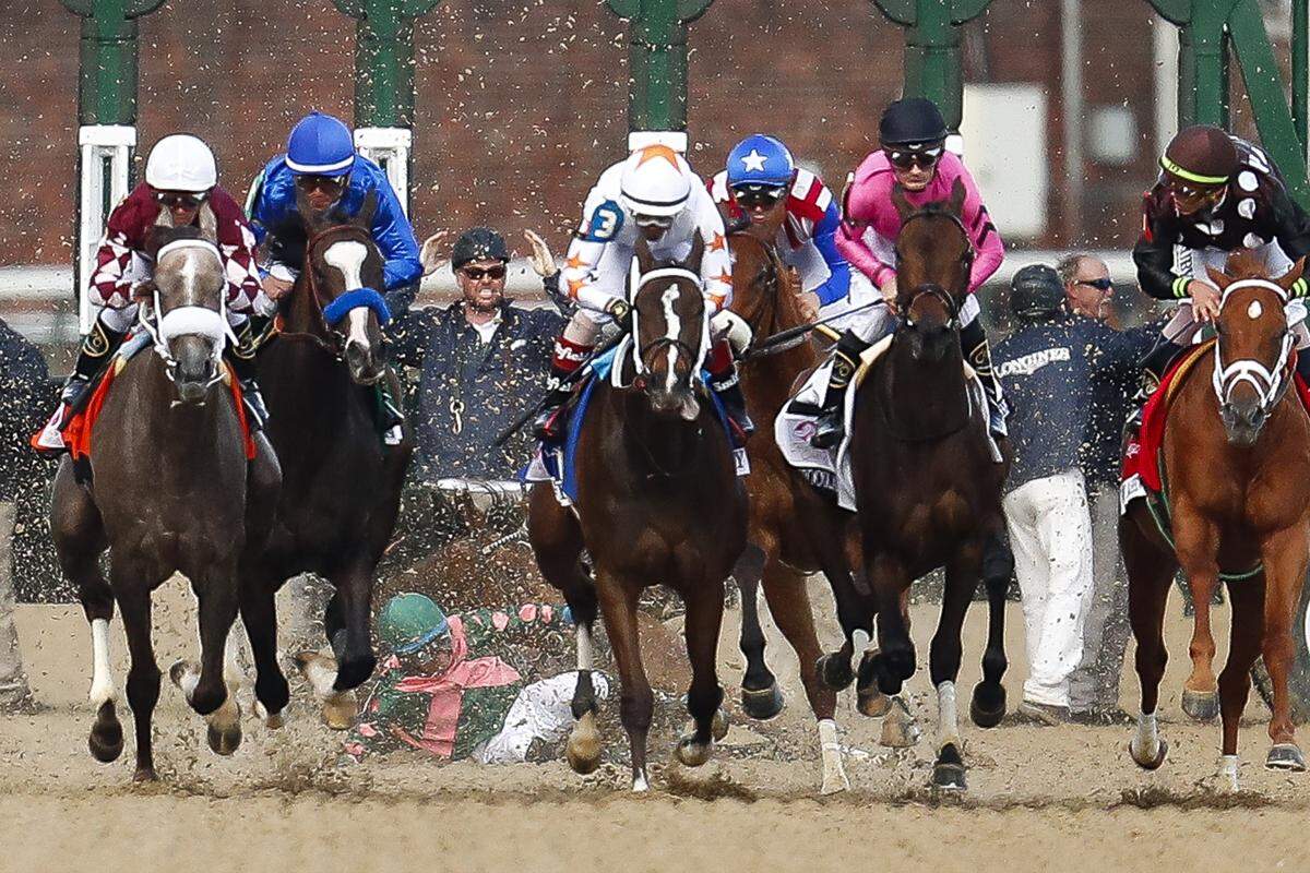 Positive Spirit (6) unseated Manuel Franco shortly after leaving the gate during the 145th running of the Kentucky Oaks at Churchill Downs on Friday.