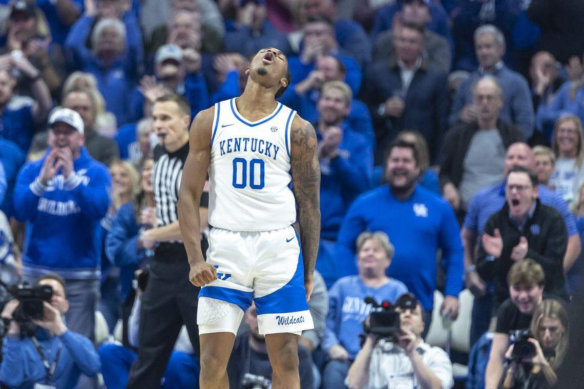 Kentucky guard Otega Oweh (00) exulted during UK’s 81-69 win over Texas A&M on Tuesday night in Rupp Arena.