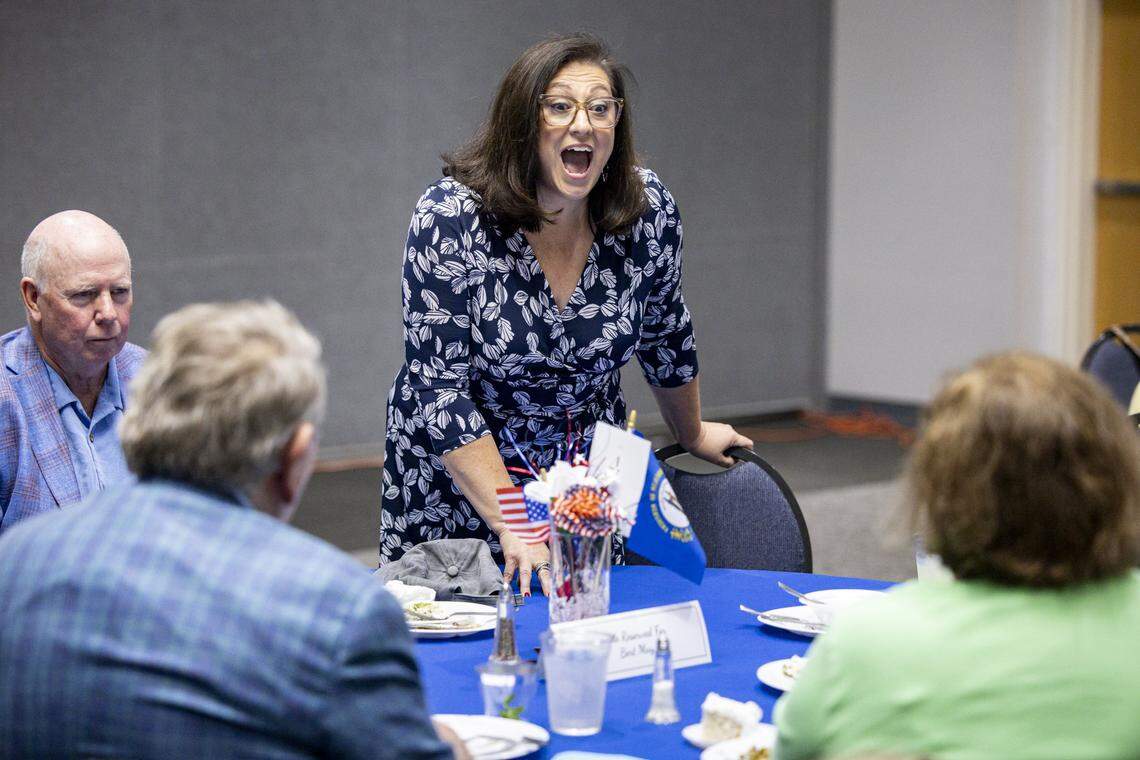Cherlynn Stevenson, center, speaks to attendees during the annual Wendell H. Ford Dinner on Tuesday, Sept. 30, 2025, at Clay Community Center in Mt. Sterling, Ky.