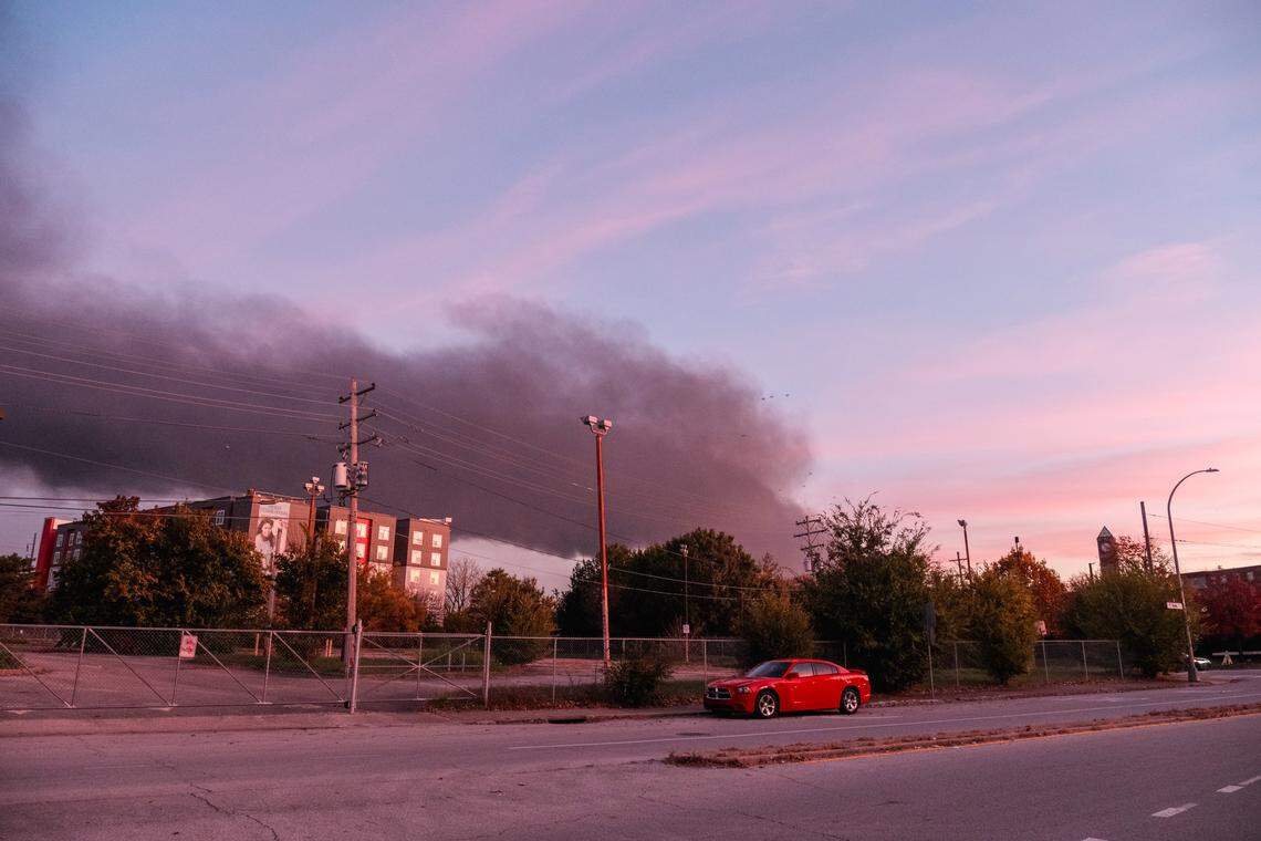 Smoke from the Nov. 4, 2025, UPS plane crash in Louisville, Ky., as seen near the University of Louisville campus on the corner of First Street and Cardinal Boulevard.