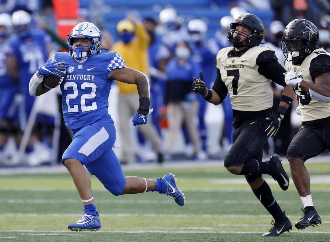 In Kentucky’s prior two games against Vanderbilt, Wildcats running back Christopher Rodriguez (22) has run for a combined 278 yards and four touchdowns.
