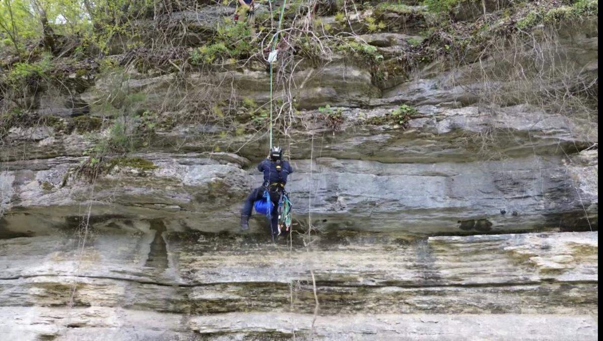 Officials from Jessamine and Mercer counties rescued a dog stranded on a 100 foot cliff overlooking the Kentucky River on April 17, 2025