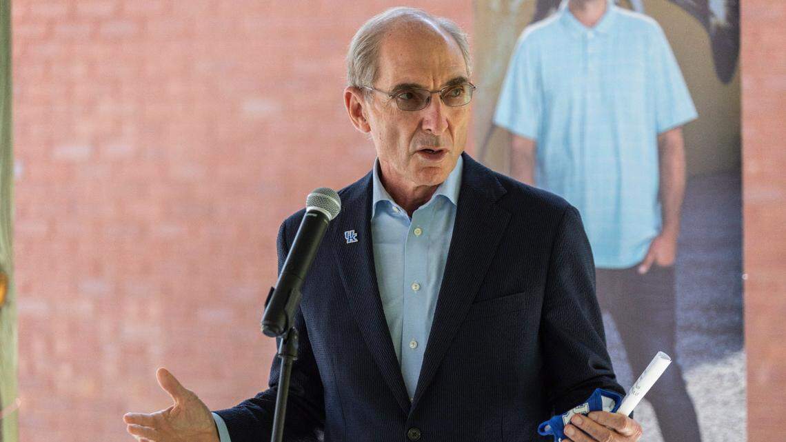 UK President Eli Capilouto speaks during a visit to the Freedom House to celebrate the Volunteers of America receiving a $2.6 million grant from SAMHSA to assist with recovery treatment for pregnant women and mothers in Manchester, Ky., Tuesday, August 18, 2020. Capilouto has been the president at the University of Kentucky since 2011.