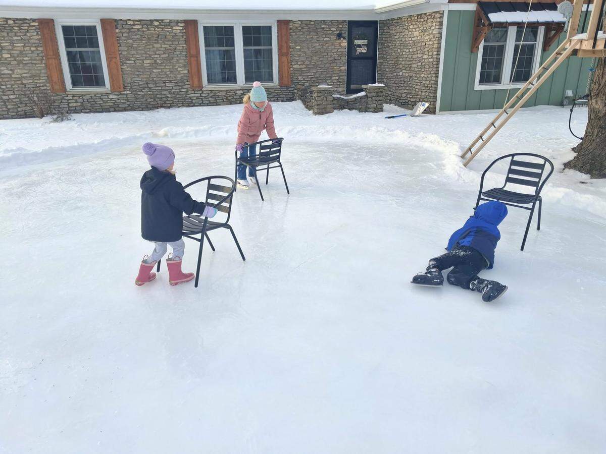 Jordan Hall’s children, ages 4, 6 and 8, learned balance and stability on the ice with chairs, but now can skate without support.