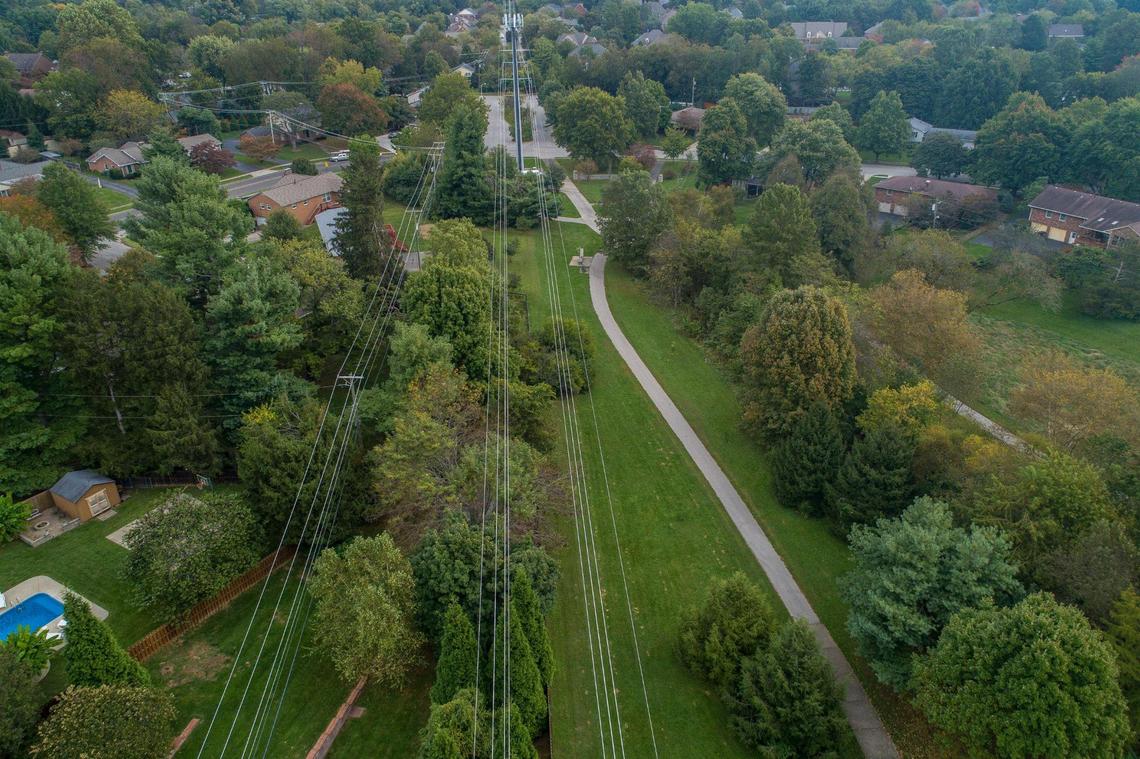 Trees near power lines are slated to be cut down in the Lansdowne Merrick Park in Lexington, Ky. Tuesday, Oct. 12, 2021.