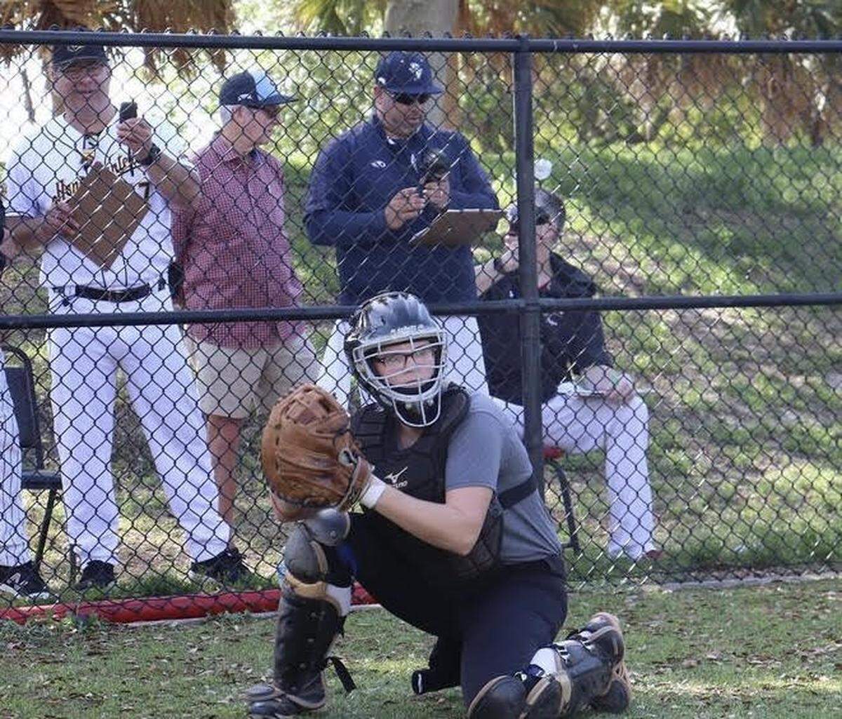 Alexis “Scrappy” Hopkins is shown catching in front of representatives from different Atlantic League of Professional Baseball teams in March. Hopkins was drafted by the Kentucky Wild Health Genomes.