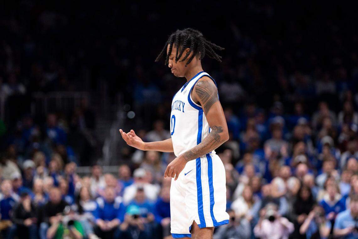 Kentucky guard Rob Dillingham celebrates after making a 3-pointer against North Carolina during the CBS Sports Classic at State Farm Arena in Atlanta.