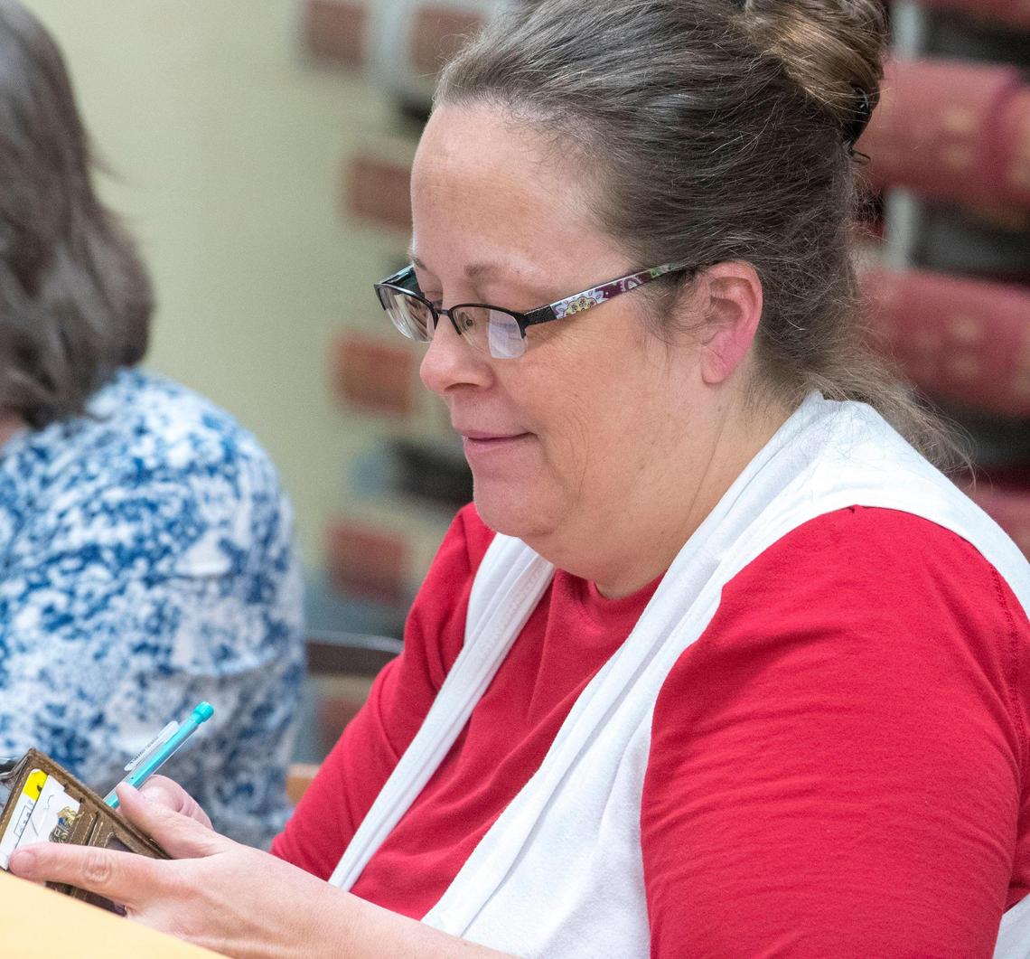 Rowan County clerk Kim Davis worked Tuesday with the county election board during the primary election in Morehead.  Davis will face Democrat Elwood Caudill in the Novermber general election.