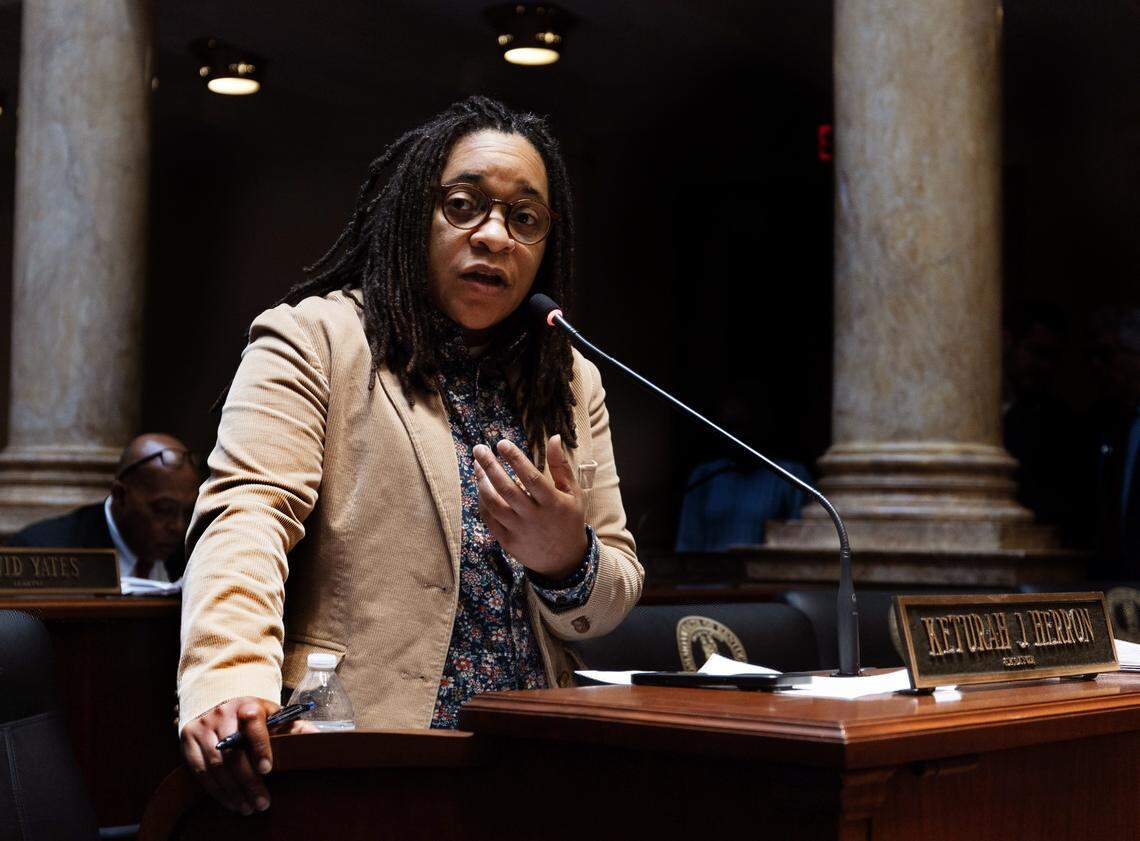 Sen. Keturah Herron, D-Louisville, speaks on Senate Bill 89, an act related to environmental protection, in 2025.