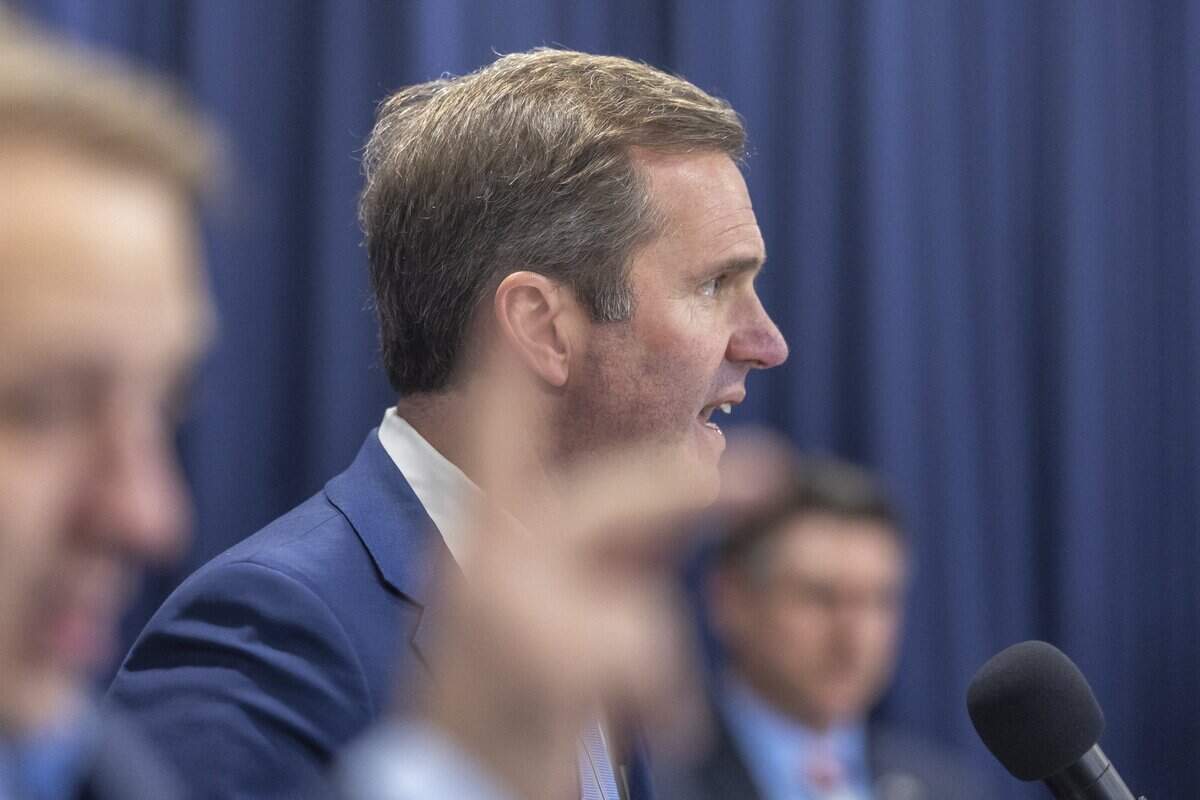 Kentucky Gov. Andy Beshear speaks during the Fairness Rally at the Kentucky state Capitol Education Center in Frankfort, Ky., on Wednesday, Feb. 25, 2026.