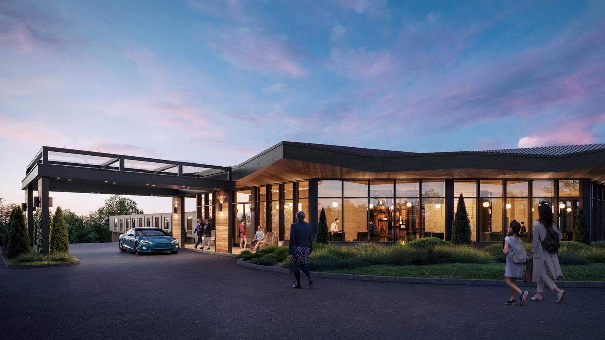 Renderings of the renovated entrance of the new Solvida Living Lexington, a senior independent care facility, planned for the Ramada hotel on North Broadway.