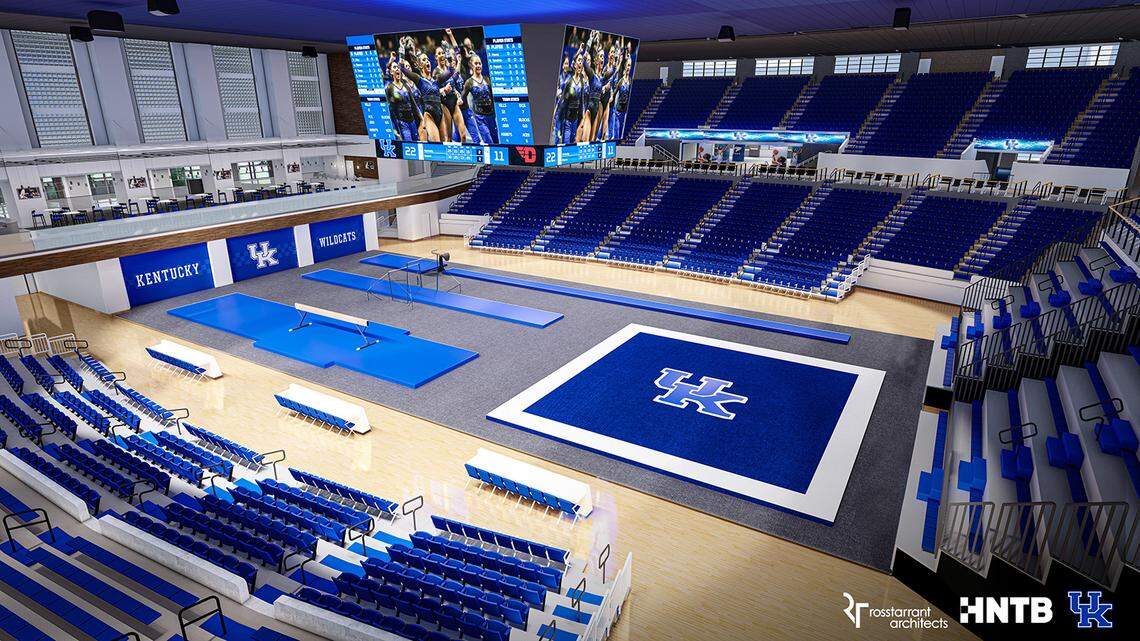 A rendering released by UK shows the layout for gymnastics meets in the renovated Memorial Coliseum starting in 2024.