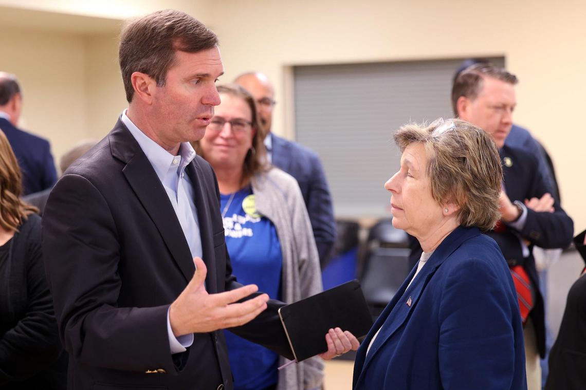 Gov. Andy Beshear, left, speaks with American Federation of Teachers president Randi Weingarten before speaking out against Amendment 2 at Consolidated Baptist Church in Lexington, Ky., Tuesday, Oct. 15, 2024. (Photo by James Crisp)