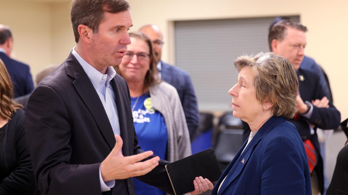 Gov. Andy Beshear, left, speaks with American Federation of Teachers president Randi Weingarten before speaking out against Amendment 2 at Consolidated Baptist Church in Lexington, Ky., Tuesday, Oct. 15, 2024. (Photo by James Crisp)