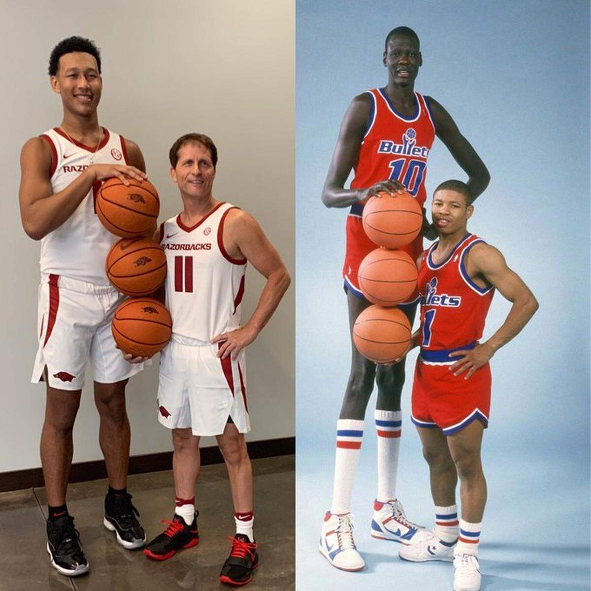 Arkansas basketball recruit Jaylin Williams tweeted a photo of himself and Razorbacks Coach Eric Musselman recreating a photo of former Washington Bullets teammates Manute Bol and Muggsy Bogues.
