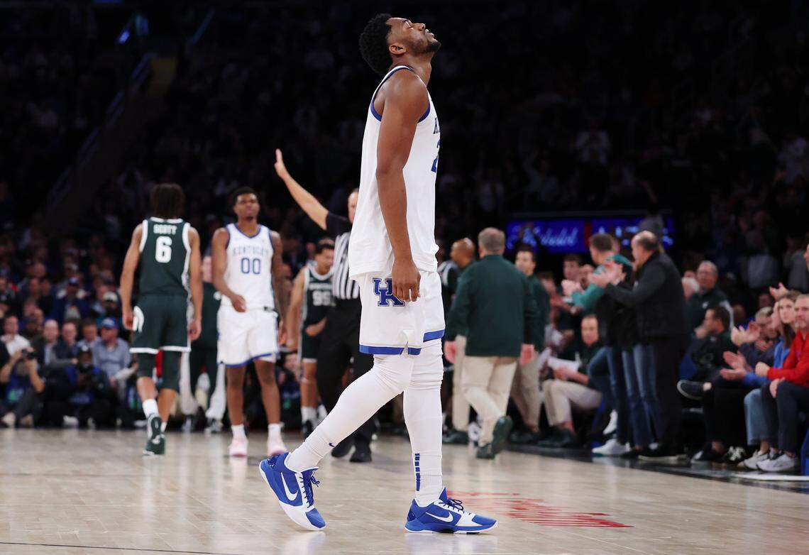 NEW YORK, NEW YORK - NOVEMBER 18: Mouhamed Dioubate #23 of the Kentucky Wildcats reacts during the second half against the Michigan State Spartans in the 2025 State Farm Champions Classic at Madison Square Garden on November 18, 2025 in New York City. The Spartans won 83-66. (Photo by Ishika Samant/Getty Images)
