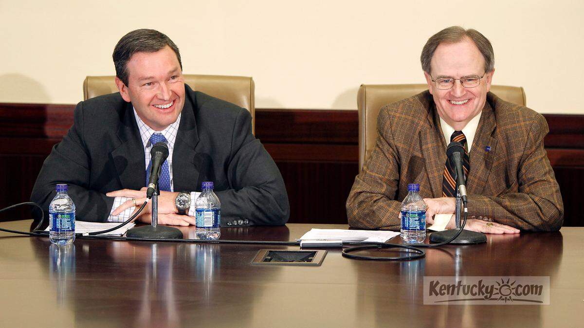 University of Kentucky Athletic Director Mitch Barnhart, left, and UK President Lee T. Todd Jr., spoke about Barnhart's contract extension, during an afternoon news conference held in the Administration building on the UK campus in Lexington, Ky., Wednesday, February 9, 2011. Mitch Barnhart has been athletic director at UK since 2002. Charles Bertram | Staff