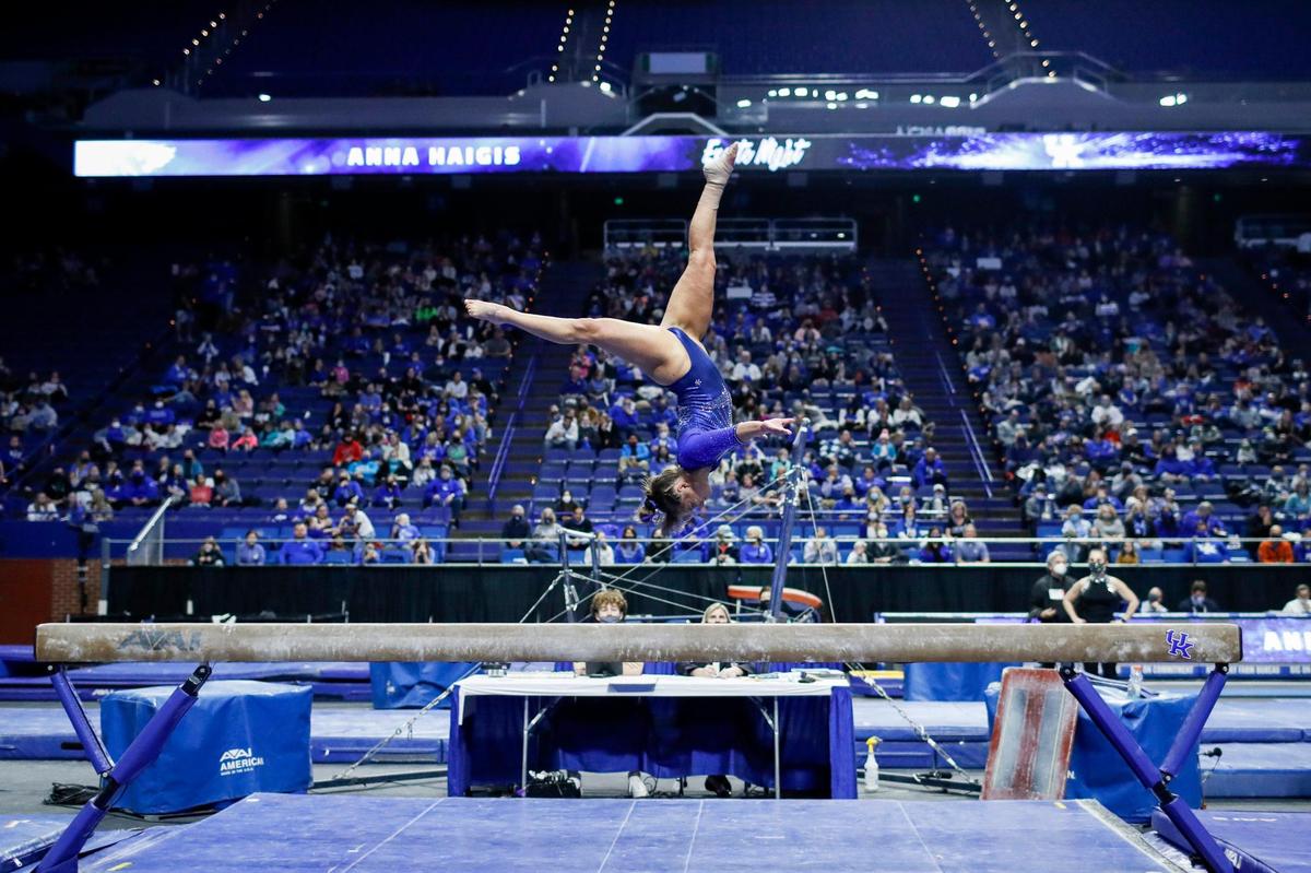 Anna Haigis preforms on the balance beam during Kentucky’s season-opening victory over Ball State on Excite Night in Rupp Arena.