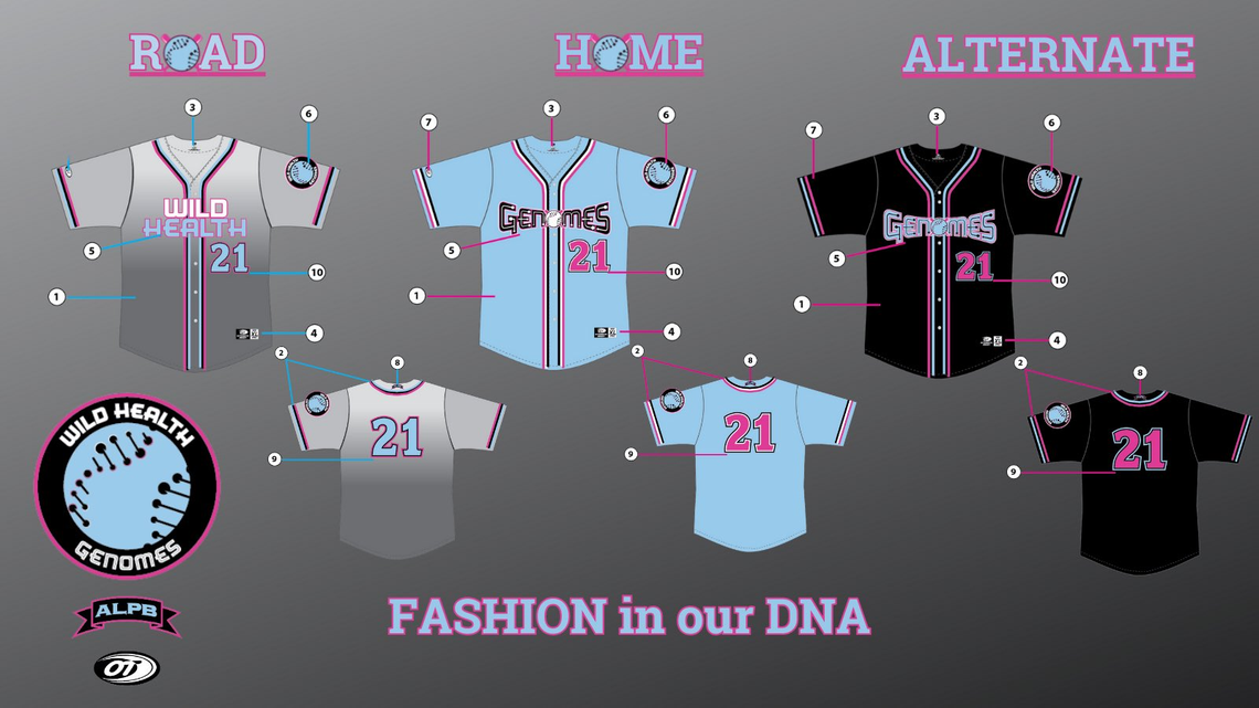 The jerseys that will be worn by the Kentucky Wild Health Genomes during the 2022 Atlantic League of Professional Baseball season.