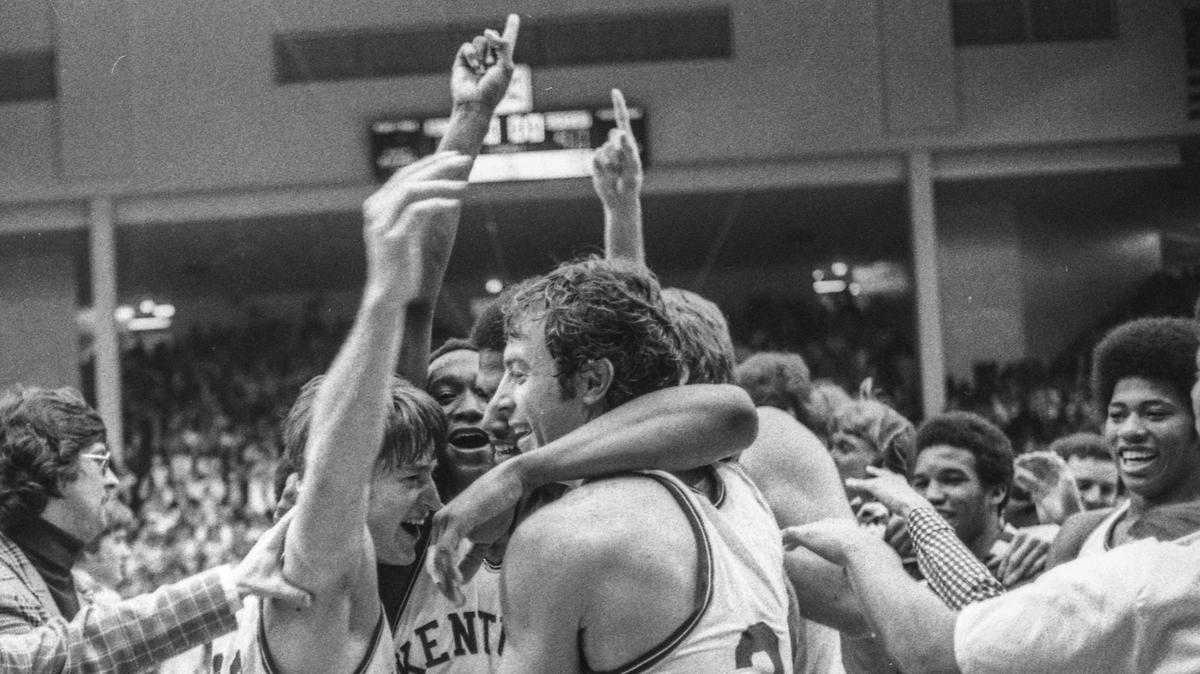 Jimmy Dan Conner, left, Jack Givens, and Kevin Grevey, front right, celebrated after Kentucky defeated No. 1-ranked and undefeated Indiana, 92-90, in the NCAA Mideast Regional championship game in Dayton, Ohio, on March 22, 1975.