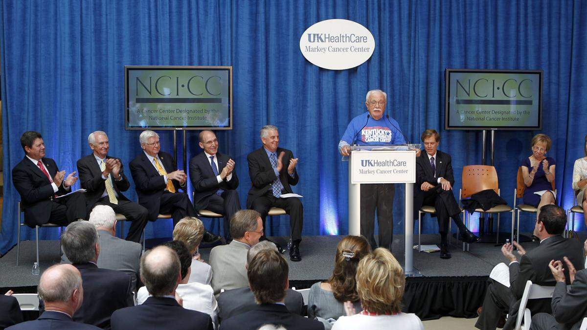 Dr. Michael Karpf, UK Executive Vice Pres. for Health Affairs, spoke during a morning news conference held at the University of Kentucky Chandler Hospital in Lexington, Ky., Friday, July 12, 2013. UK  announced it's Markey Cancer Center has received a Cancer Center designation from National Cancer Institute which brings it additional federal research money. Only 67 other hospitals have received this designation, with UK being the first in Kentucky. Photo by Charles Bertram | Staff