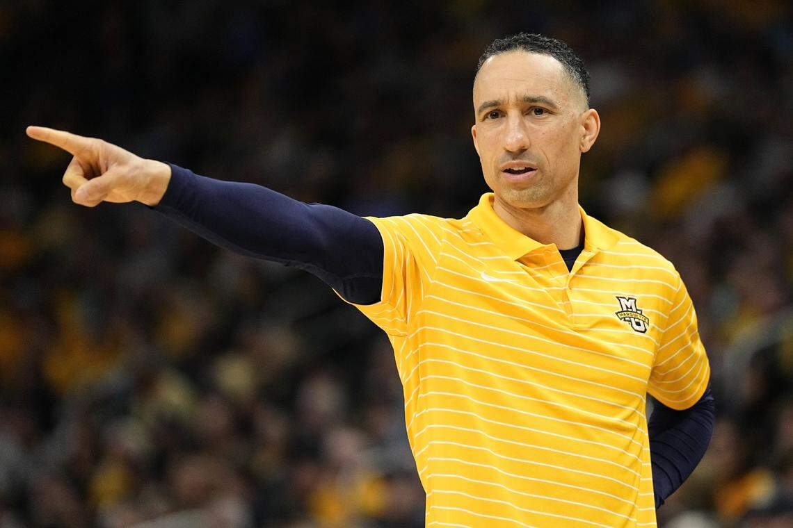 Feb 25, 2024; Milwaukee, Wisconsin, USA;  Marquette Golden Eagles head coach Shaka Smart gestures during the second half against the Xavier Musketeers at Fiserv Forum. Mandatory Credit: Jeff Hanisch-USA TODAY Sports