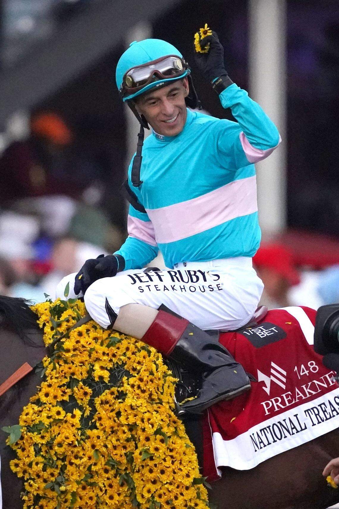 National Treasure gave John Velazquez his first Preakness victory in the jockey’s 13 attempts.