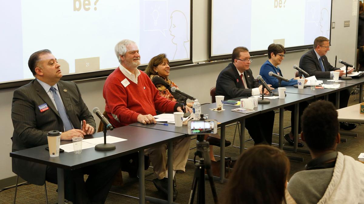 A mayoral forum on Lexington's future, sponsored by University of Kentucky student government, was held Wednesday morning on the U.K. campus. The candidates were L-R: Kevin Stinnett, Ike Lawrence, Teresa Isaac, Skip Horine, Linda Gorton, Ronnie Bastin. The top two vote winners in the May 22 primary will advance to the general election in November.