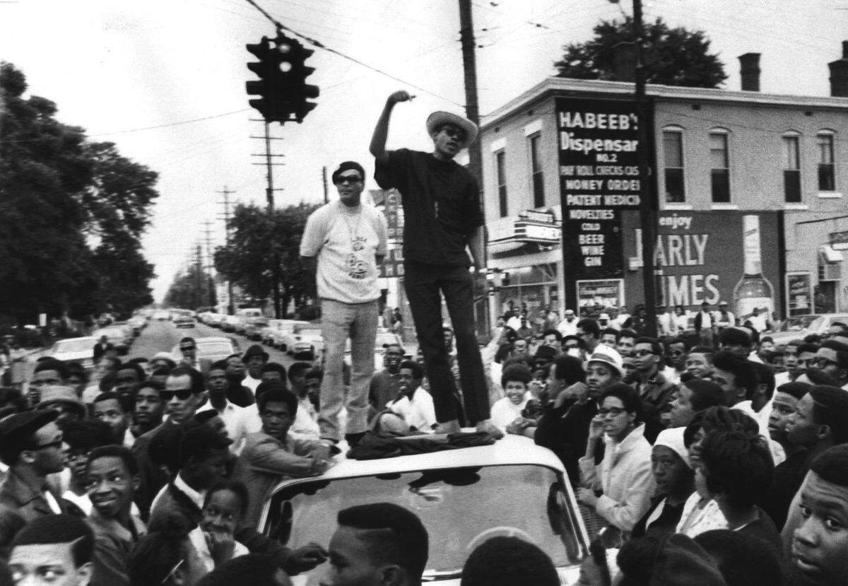 May 27, 1968; Louisville, KY, USA; James Cortez (white shirt) and Sam Hawkins, head of the Black Unity League of Kentucky, speak at a rally May 27, 1968, preceding West End violence. Mandatory Credit: Jay Thomas/Courier Journal-USA TODAY NETWORK